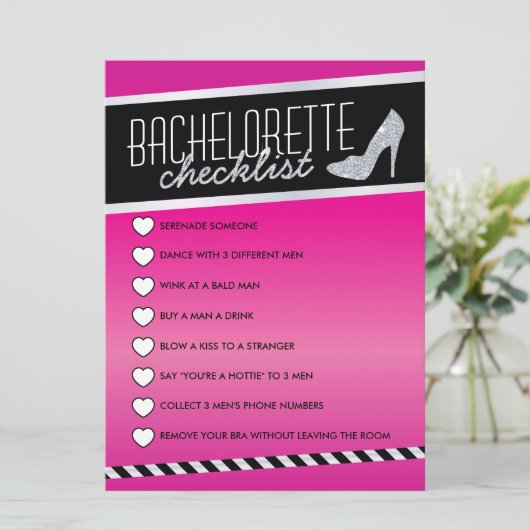 Pink Shimmer Bachelorette Checkliste Einladung (Stehend Vorderseite)