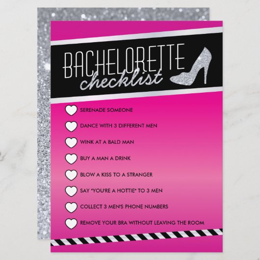 Pink Shimmer Bachelorette Checkliste Einladung (Vorne/Hinten)
