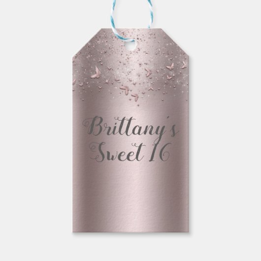 Pink Shimmer Flutter Schmetterling Sweet 16 Party Geschenkanhänger (Vorderseite)