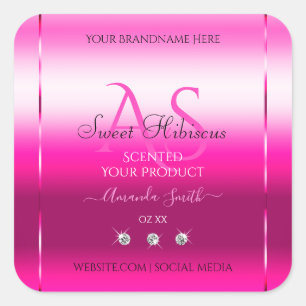 Pink Shimmery Product Labels Diamonds and Initials Quadratischer Aufkleber