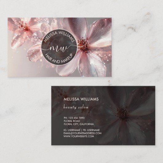 Pink Shiny Floral Logo Initials Business Card Visitenkarte (Vorne/Hinten)