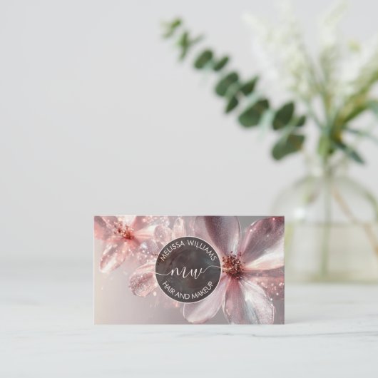 Pink Shiny Floral Logo Initials Business Card Visitenkarte (Stehend Vorderseite)