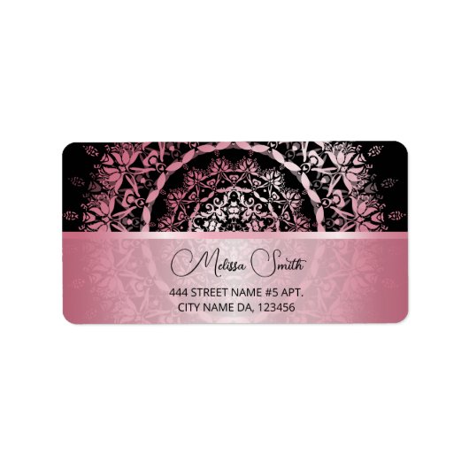 Pink Shiny Metallic Black Mandala Adressaufkleber (Vorne)