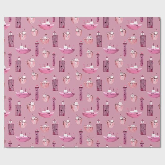 Pink Ships & Wood Lighthouses Dusty Rose Geschenkpapier (Flach)