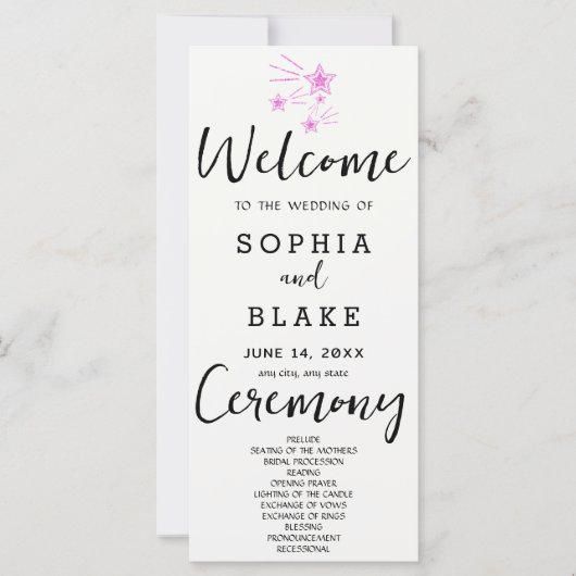 Pink Shooting Stars Off White Wedding Programm (Vorderseite)