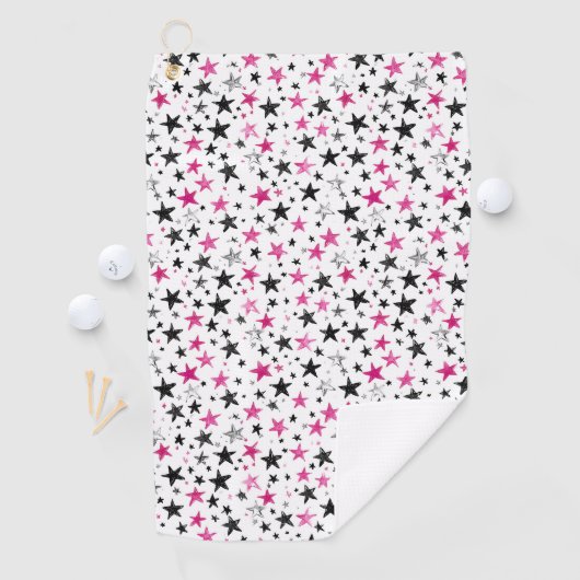 Pink Silber Black Stars Golfhandtuch (Insitu)