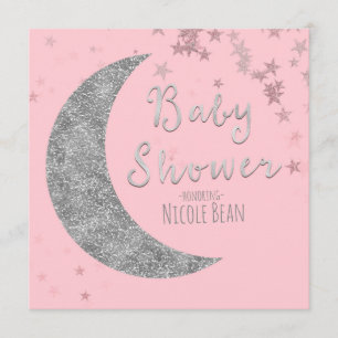 Pink & Silber Mond & Sterne Baby Shower Einladunge Einladung