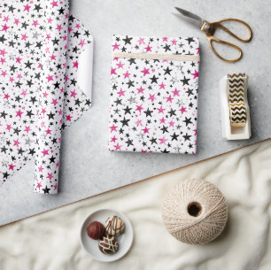 Pink Silber Schwarze Sterne Geburtstag Geschenkpapier