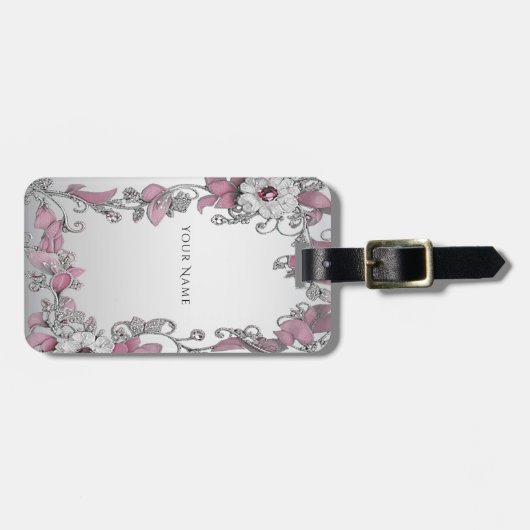 Pink Silber Weiße Floral Gepäckmarke Gepäckanhänger (Vorderseite horizontal)