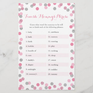 Pink Silver Baby Shower beenden Mommy's Phrase Gam