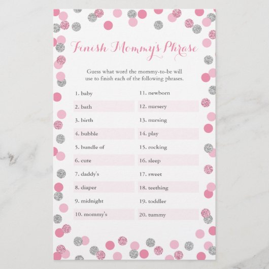 Pink Silver Baby Shower beenden Mommy's Phrase Gam (Vorderseite)