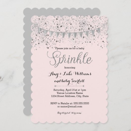 Pink Silver Baby Sprinkle Girl Dusche Einladung (Vorne/Hinten)