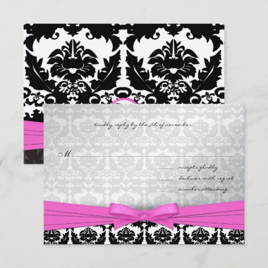 Pink Silver & Black Damask Swirls Wedding Invite Einladung (Vorne/Hinten)