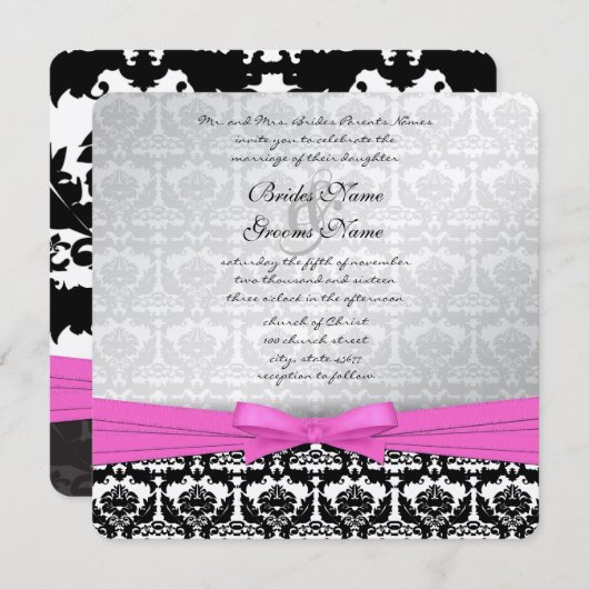 Pink Silver & Black Damask Swirls Wedding Invite Einladung (Vorne/Hinten)