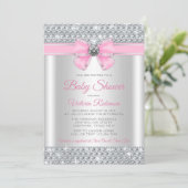 Pink Silver Bling Glam Girl Babydusche Einladung (Stehend Vorderseite)