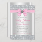 Pink Silver Bling Glam Girl Babydusche Einladung (Vorne/Hinten)