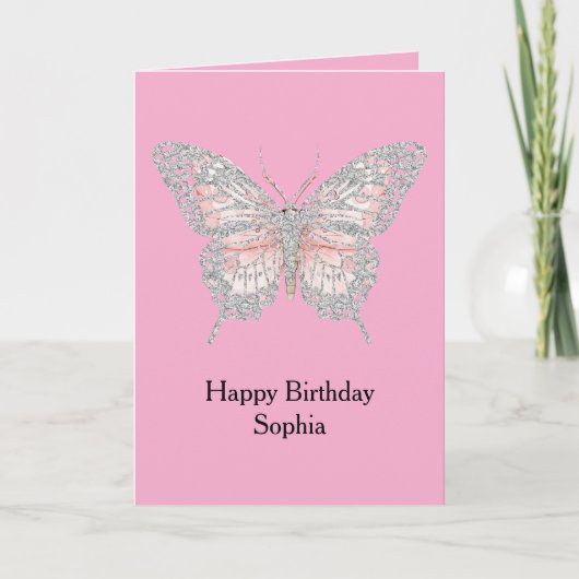 Pink Silver Butterfly Birthday Karte (Vorderseite)
