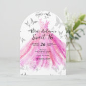 Pink Silver Butterfly Dance Sweet 16 Birthday Einladung (Stehend Vorderseite)