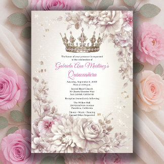 Pink Silver Crown Floral Quinceañera Einladung