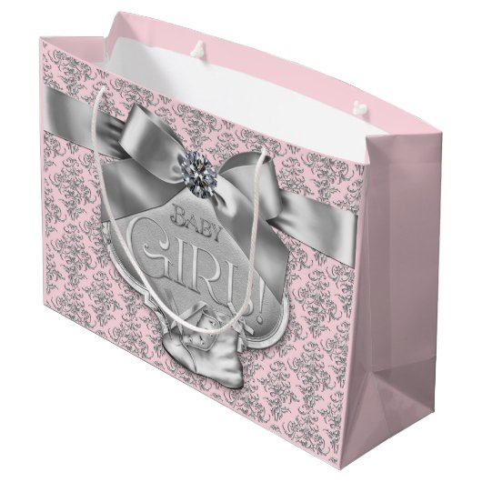 Pink Silver Damask Baby Girl Große Geschenktüte (Rückseite Schrägansicht)