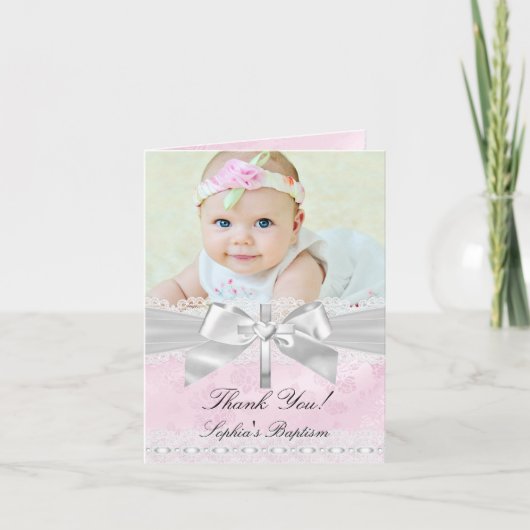 Pink Silver Damask Bow Taufe Danke Karte (Vorderseite)