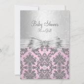 Pink & Silver Damask Kinderdusche Einladung (Vorderseite)
