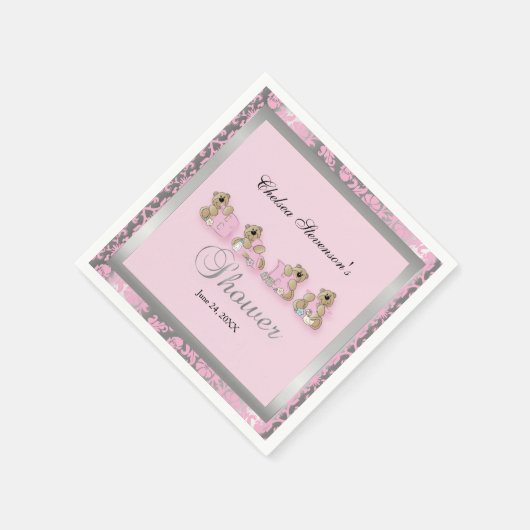 Pink & Silver Damask Teddy Bears | Babydusche Serviette (Ecke)