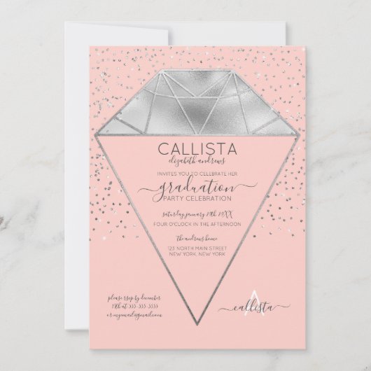 Pink Silver Diamond Confetti Glitzer Abschluss Einladung (Vorderseite)