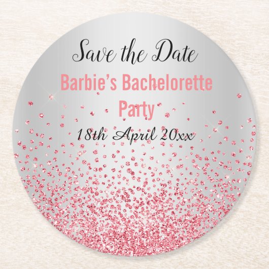 PINK SILVER ELEGANT SAVE THE DATE Bachelorette Runder Pappuntersetzer (Vorderseite)