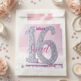Pink Silver Faux Glitter Diamond Sweet 16 Geschenktütchen