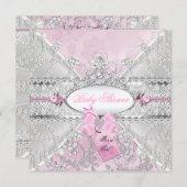 Pink Silver Floral Bow Babydusche Diamanten Einladung (Vorne/Hinten)