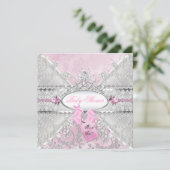 Pink Silver Floral Bow Babydusche Diamanten Einladung (Stehend Vorderseite)