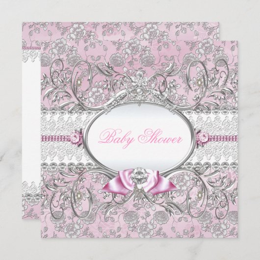 Pink & Silver Floral Bow Kinderdusche Einladung (Vorne/Hinten)