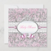Pink & Silver Floral Bow Kinderdusche Einladung (Vorderseite)