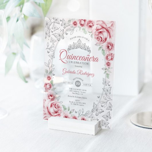 Pink Silver Floral Quinceanera Acryleinladungen