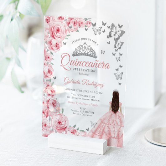 Pink Silver Floral Quinceanera Acryleinladungen