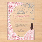 Pink Silver Floral Quinceanera Acryleinladungen (Vorderseite)