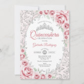 Pink Silver Floral Quinceanera Einladung (Vorderseite)