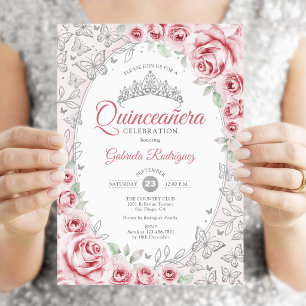 Pink Silver Floral Quinceanera Einladung