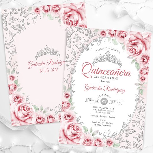 Pink Silver Floral Quinceanera Einladung