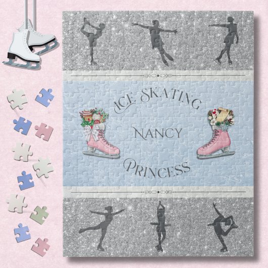 Pink Silver Girls Ice Skating Princess Puzzle