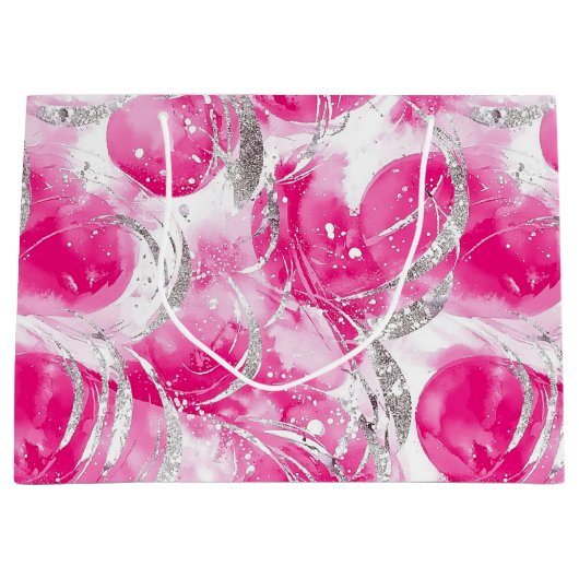 Pink Silver Glam Abstrakt Circles Birthday Große Geschenktüte (Vorderseite)