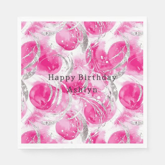 Pink Silver Glam Abstrakt Circles Birthday Serviette (Vorderseite)