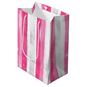 Pink Silver Glam Abstrakt Streifen Geburtstag Mittlere Geschenktüte