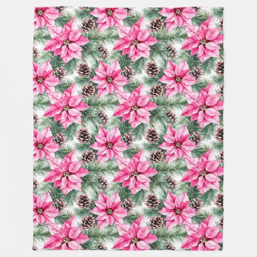 Pink Silver Glam Poinsettia Flowers Christmas Fleecedecke (Vorderseite)