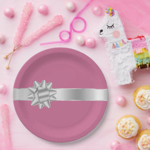 Pink Silver Glam Ribbon Bow Geburtstag Pappteller