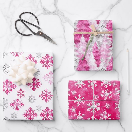 Pink Silver Glam Snowflakes Christmas Trees Geschenkpapier Set (Vorderseite)