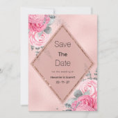 Pink silver glitter peony floral Save The Date Einladung (Vorderseite)