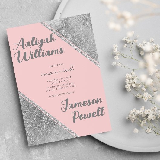 Pink silver glitter script calligraphy wedding einladung
