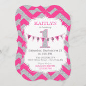 Pink Silver Glitter Sparkle First Birthday Invite Einladung (Vorne/Hinten)